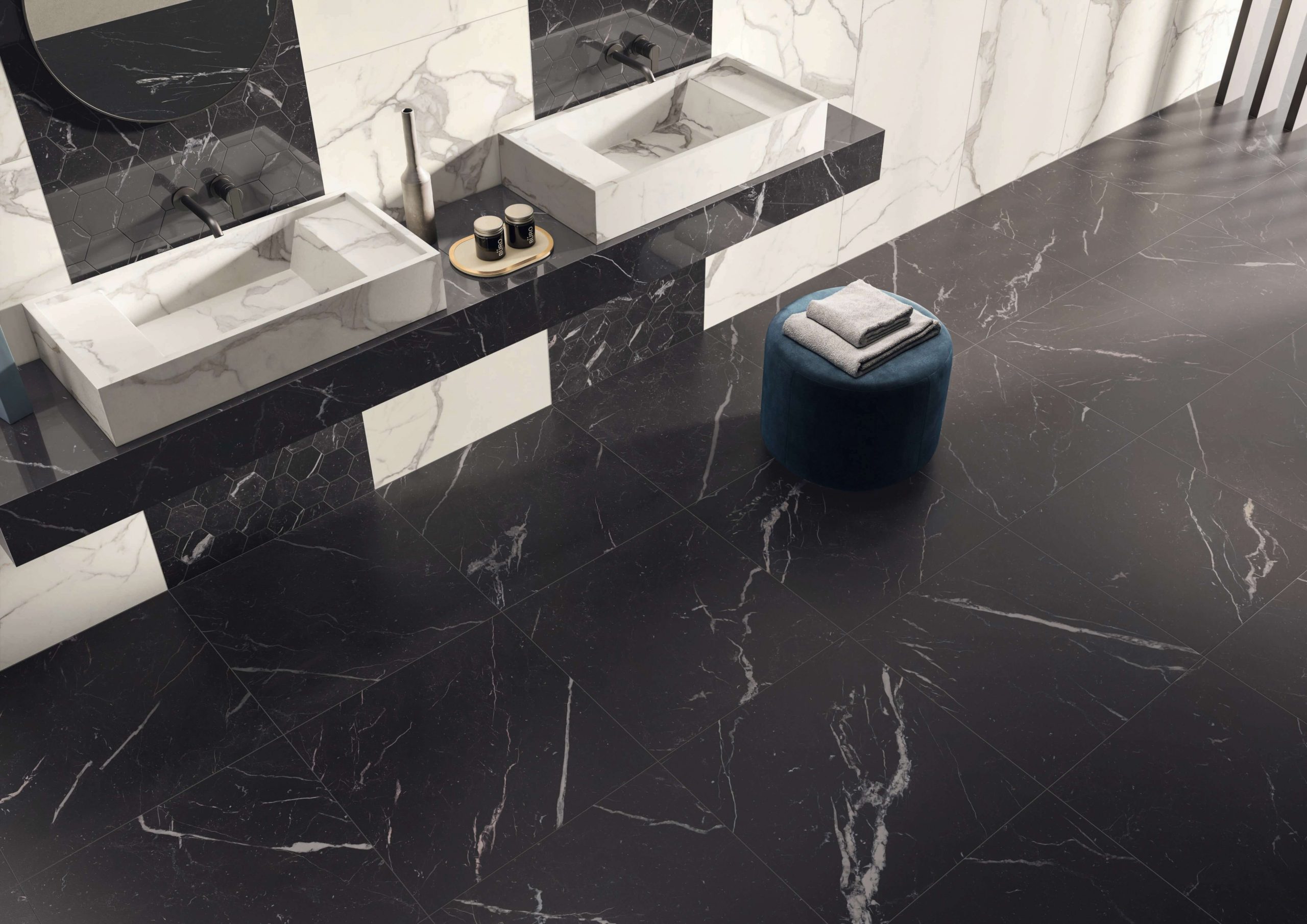 anima futura nero marquina marble bathroom